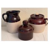 LR - Vintage Sundance Brown and Beige Stoneware Pottery Set with Pitcher and Covered Crocks