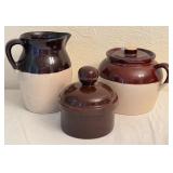 LR - Vintage Sundance Brown and Beige Stoneware Pottery Set with Pitcher and Covered Crocks