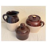LR - Vintage Sundance Brown and Beige Stoneware Pottery Set with Pitcher and Covered Crocks