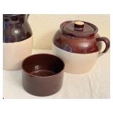 LR - Vintage Sundance Brown and Beige Stoneware Pottery Set with Pitcher and Covered Crocks