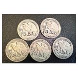 Set of 5 Walking Liberty Half Dollar Coins (1920, 1928, 1937, 1923)