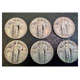 Lot of 6 Standing Liberty Silver Quarters, 1923, 1926 and 1928