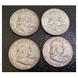 Set of 4 Franklin Silver Half Dollars 1948 and 1954