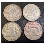 Set of 4 Franklin Silver Half Dollars 1948 and 1954