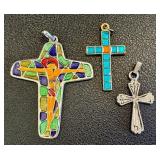 Set of 3 Cross Pendants Including Stained Glass and Mosaic Designs