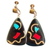 Vintage Enamel and Copper Screw-Back Earrings with Abstract Inlay