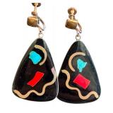 Vintage Enamel and Copper Screw-Back Earrings with Abstract Inlay