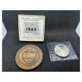 1963 2 1/2 Inch Idaho Territorial Centennial Medal w/ document; 1989 $5.00 Marshall Islands First Man on the Moon Coin