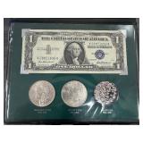 The Silver Story Collection: 1957 Silver Certificate- Excellent Condition; higher Grade 1883-? Morgan Silver Dollar; Higher Grade 1922-? Peace Dollar; and Approx. 1/2 Ounce Silver Granules