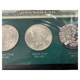 The Silver Story Collection: 1957 Silver Certificate- Excellent Condition; higher Grade 1883-? Morgan Silver Dollar; Higher Grade 1922-? Peace Dollar; and Approx. 1/2 Ounce Silver Granules