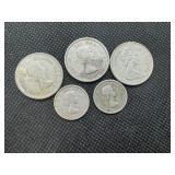 Three 80% Silver Canadian Quarters: 1960, 1961, and 1965; Two 80% Silver Canadian Dimes 1956 and 1967 -- 0.57 Oz. of Silver
