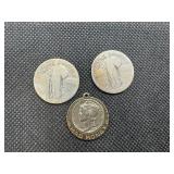 Two Silver Standing Liberty Quarters and a 1945 Mercury Dime Pendant