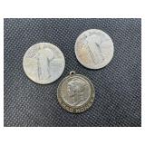 Two Silver Standing Liberty Quarters and a 1945 Mercury Dime Pendant