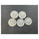 Five Early Date Silver Mercury Dimes: 1917 (3); 1920 and 1926