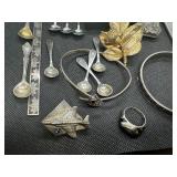 Grab Bag of Miscellaneous Jewelry, Pins, Vial of .999 Silver, 6 miniature silver spoons, ring, bracelets, other metal items