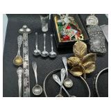 Grab Bag of Miscellaneous Jewelry, Pins, Vial of .999 Silver, 6 miniature silver spoons, ring, bracelets, other metal items