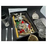Grab Bag of Miscellaneous Jewelry, Pins, Vial of .999 Silver, 6 miniature silver spoons, ring, bracelets, other metal items