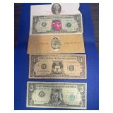 Three Novelty "Dollars": Mickey Mouse, 3 "Dolar" Hilary Bill; aand Santa Dollar