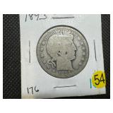 Better Date 1893 Silver Barber Half Dollar