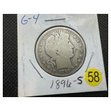 Semi Key Date 1896-s Silver Barber Half Dollar (Greybook Wholesale price for a G4 is $85)