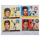 Lot of 4 Vintage 1955 Topps Baseball Cards Featuring Bob Borkowski, Hal Smith, Wayne Terwilliger, and Bob Miller.