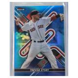 Lot of 3 Numbered Refractros Max Muncy Panini Prizm 275/299, Trevor Story Topps Finest 97/150, and Sonny Gray Topps Chrome 51/75