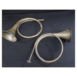 2 VINTAGE BRASS FRENCH HORNS PLUS SHEET MUSIC.