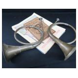 2 VINTAGE BRASS FRENCH HORNS PLUS SHEET MUSIC.