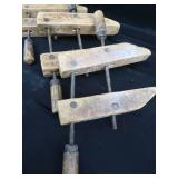 5 SMALLER VINTAGE WOOD HAND SCREW CLAMPS.