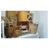 Mid Century Wood and Wicker Lamp, Baskets, Décor, Musical Dolls, Vintage Craftsman and Black Decker Skil Saws. Vintage Fruit Crate and more.