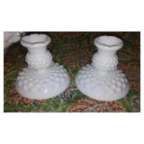 White Milk glass Fenton Crimp and Ruffle Bowl and Hobnail Candleholders
