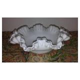 White Milk glass Fenton Crimp and Ruffle Bowl and Hobnail Candleholders