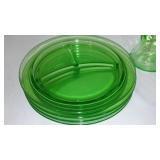 Uranium Glass Divided Plates (4) Sunflower Ashtray, Juicer,Basket Vase.