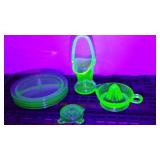 Uranium Glass Divided Plates (4) Sunflower Ashtray, Juicer,Basket Vase.