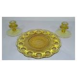Vintage Amber Depression Glass Thumb Plate and Candle Holders (2).