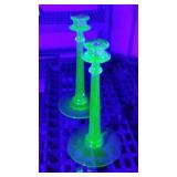 Fostoria Green Uranium Glass Candle Stick Holders (2)