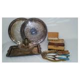 Vintage Trays, Brushes, Curling Irons, Oil lamp and More.