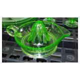 Uranium Divided Glass Plates (4), Depression Glass Sherbert Cups (4) Juicer.