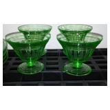 Uranium Divided Glass Plates (4), Depression Glass Sherbert Cups (4) Juicer.