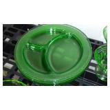 Uranium Divided Glass Plates (4), Depression Glass Sherbert Cups (4) Juicer.