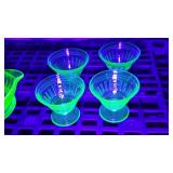 Uranium Divided Glass Plates (4), Depression Glass Sherbert Cups (4) Juicer.