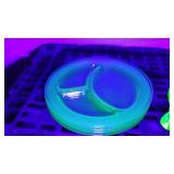 Uranium Divided Glass Plates (4), Depression Glass Sherbert Cups (4) Juicer.