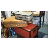 Wood Footlocker and Vintage Suitcases (2) American Tourister Air Luggage.