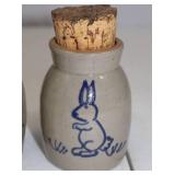 1998 Beaumont Brothers Pottery Jars with Snowman and Rabbit Motifs, Cork Tops