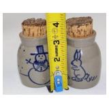 1998 Beaumont Brothers Pottery Jars with Snowman and Rabbit Motifs, Cork Tops
