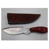 Custom Fixed Blade Knife with Red Wood Handle and Leather Sheath