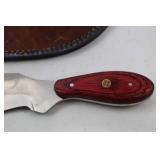Custom Fixed Blade Knife with Red Wood Handle and Leather Sheath