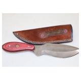 Custom Fixed Blade Knife with Red Wood Handle and Leather Sheath