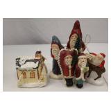 5 Signed Folk Art Christmas Decorations: Santa Figurines & Village House