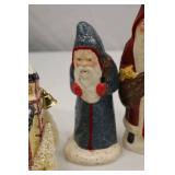 5 Signed Folk Art Christmas Decorations: Santa Figurines & Village House